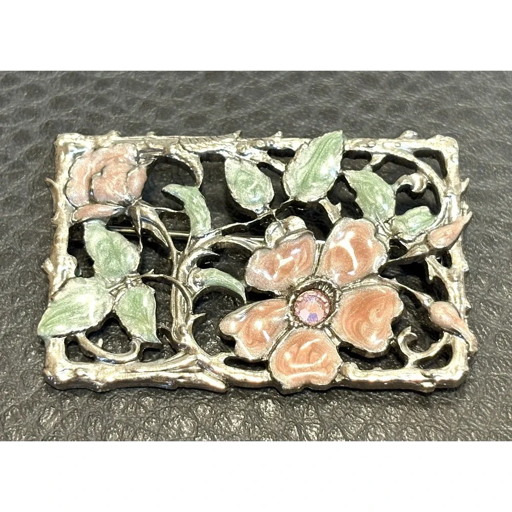 1928 Victorian Revival Rhinestone Enamel Brooch Pin Silver Tone Pink Flower